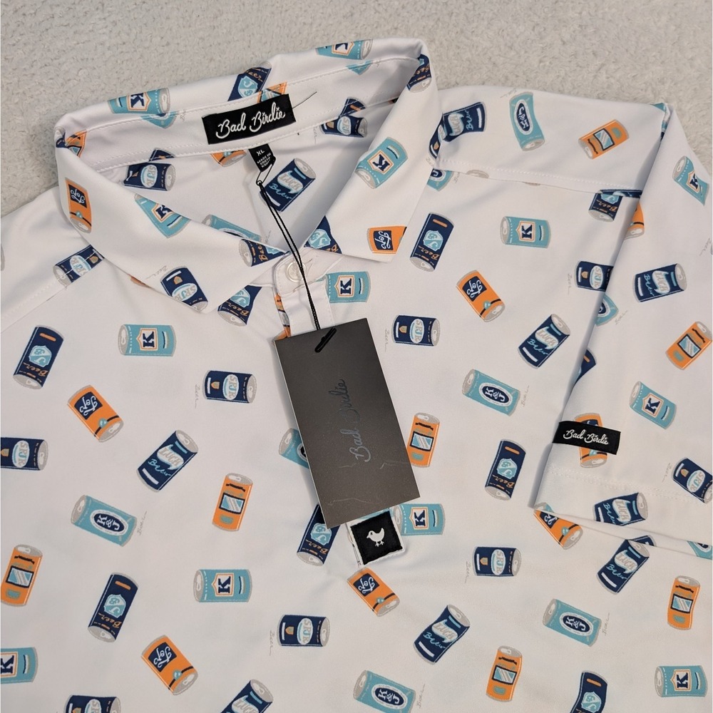 NEW!‎ Bad Birdie Core Short Sleeve White Golf Polo "Crushable" Beer Can Men's XL
